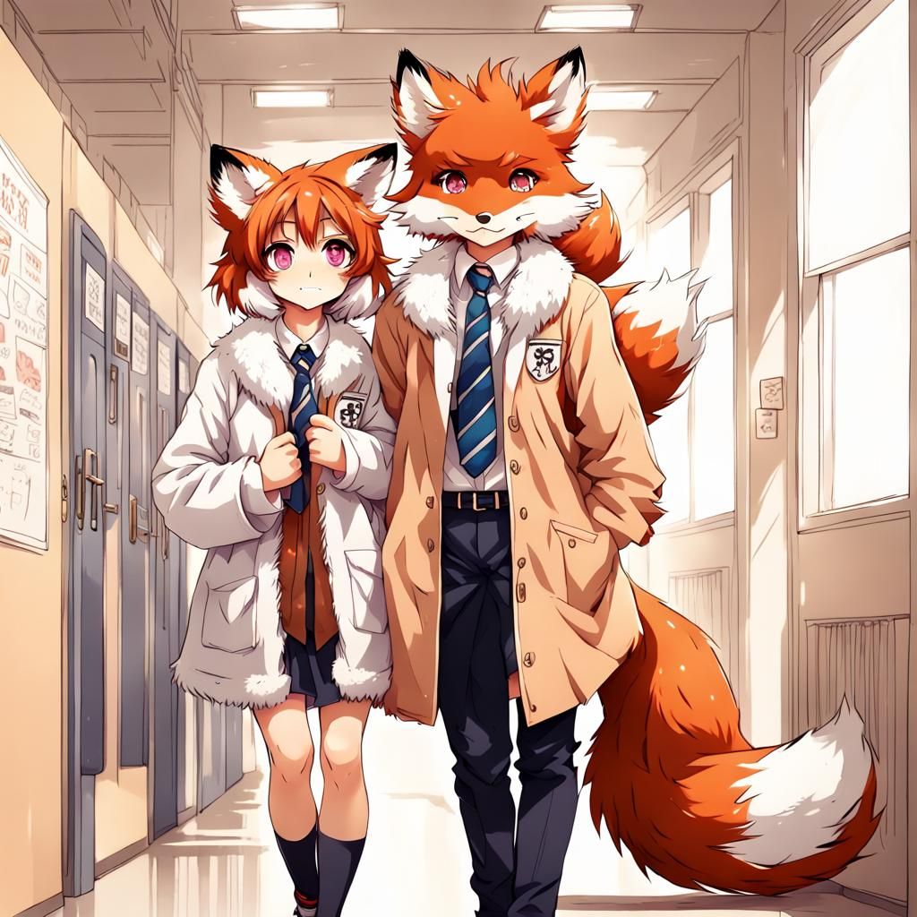 Portrait cute adorable fluffy fox boy and girl at school wit...