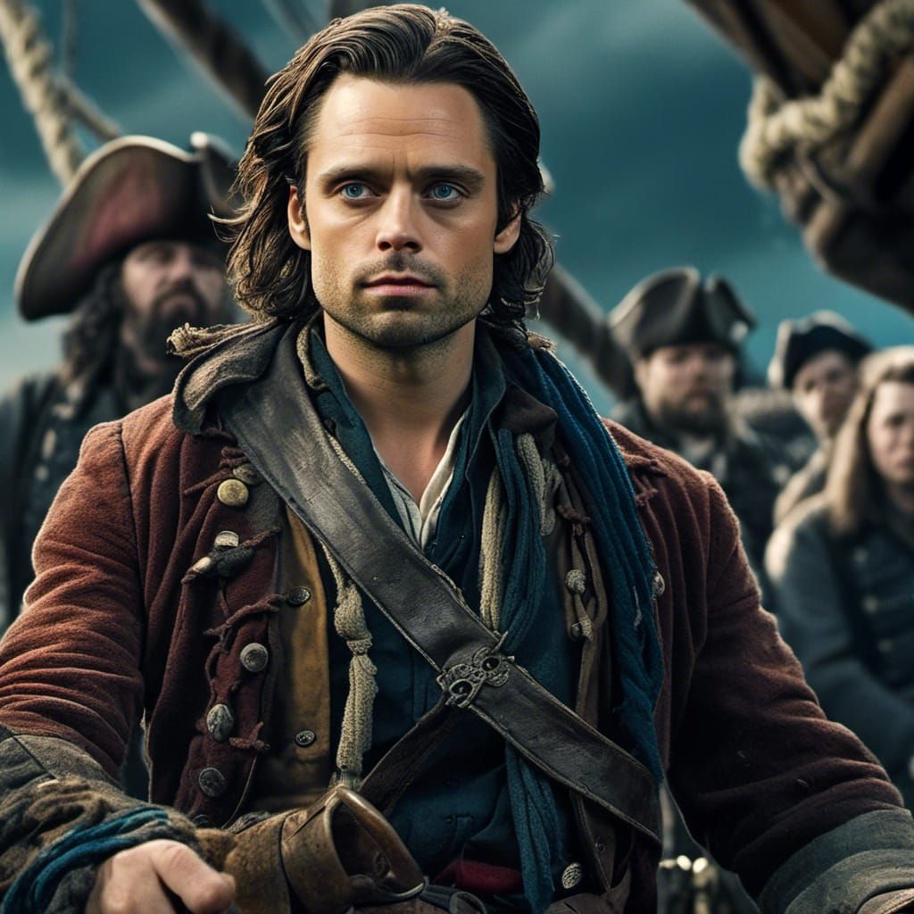 "Sebastian Stan as a pirate, on a ship with a scarf around h...