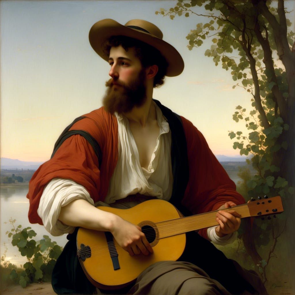 A man playing guitar, in the style of William Adolphe Bougue...