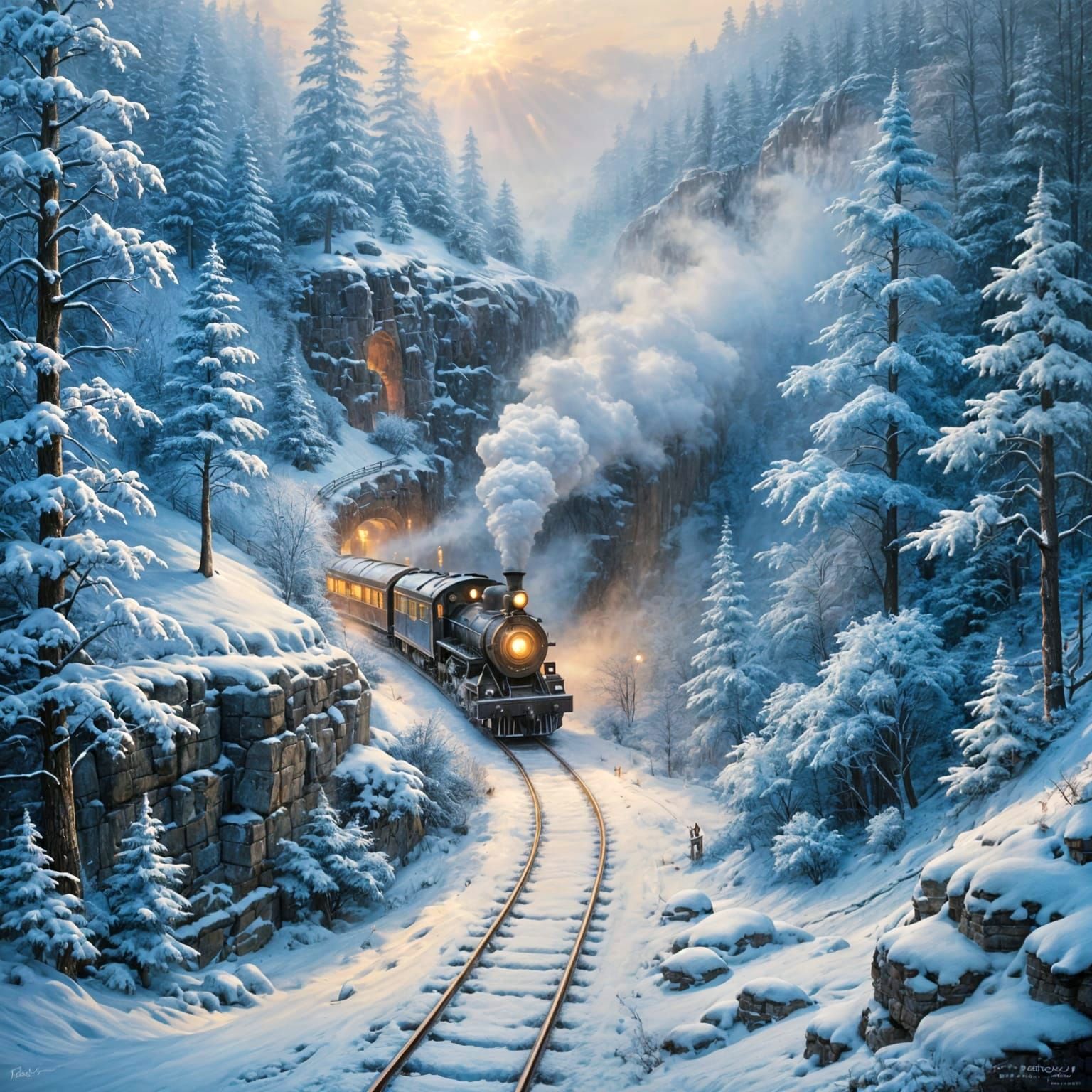 Steam locomotive travels through the mountain tunnel in winter  by @TTRPG_Player