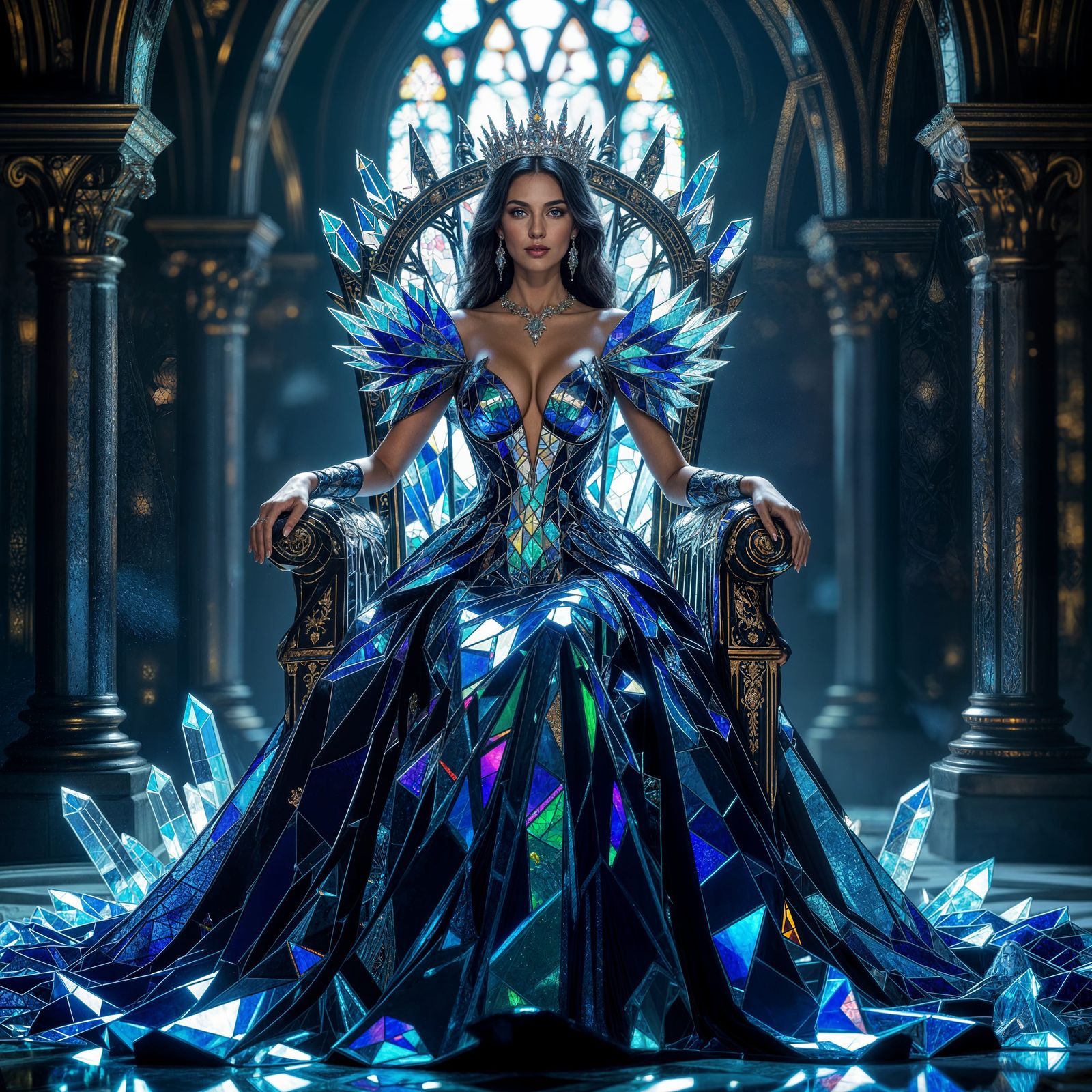 A regal queen stands on a throne of shattered crystal, wearing an elaborate gown made entirely of shimmering, ...  by @Christopher hudson 