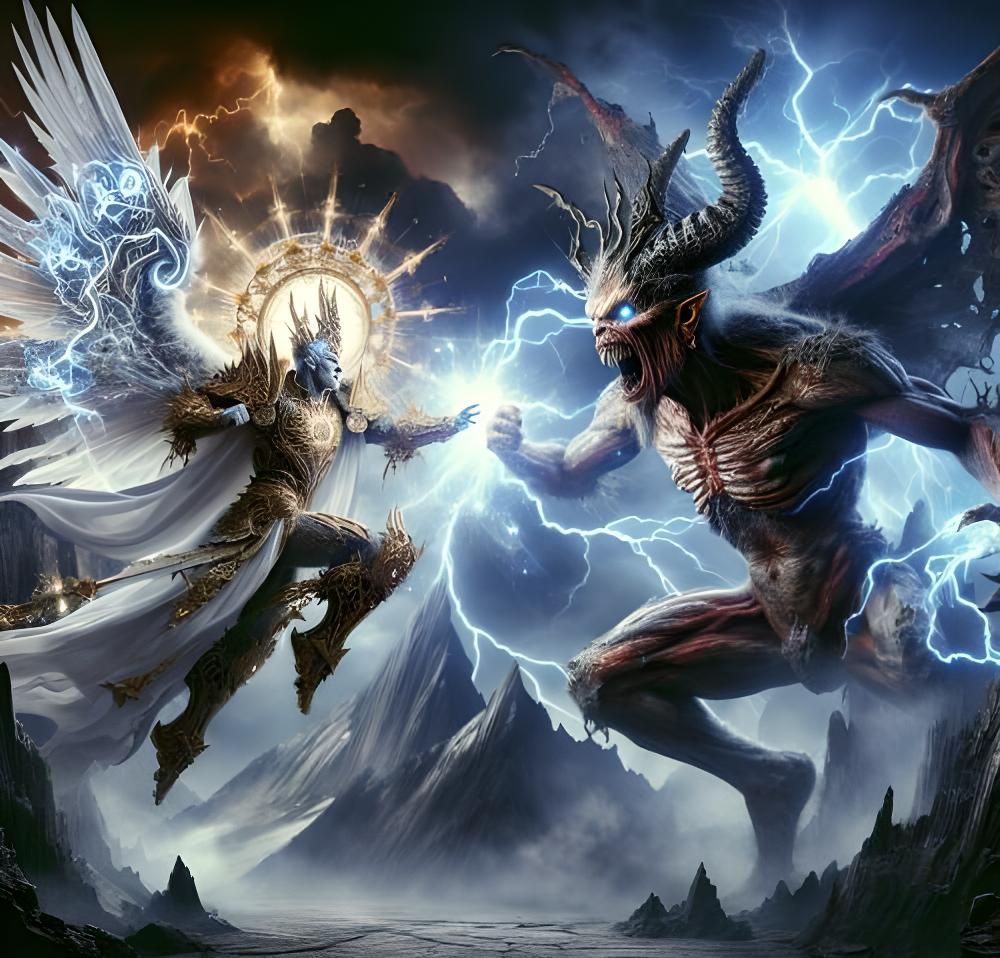 An absolutely intense and extremely epic composite photograph of true form full power Jesus Christ himself VS satan himself in the book reve...