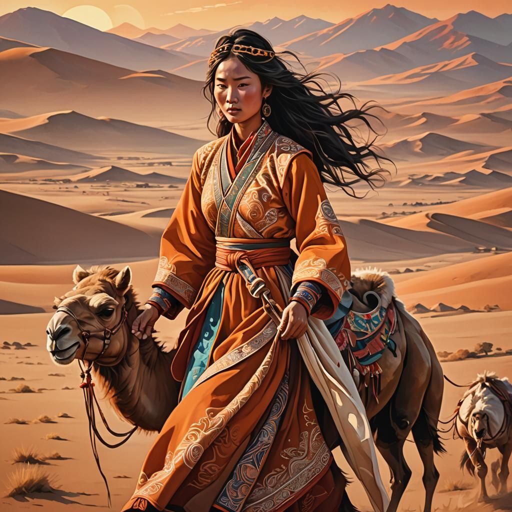 Mongolian Woman with Camel in Gobi Desert