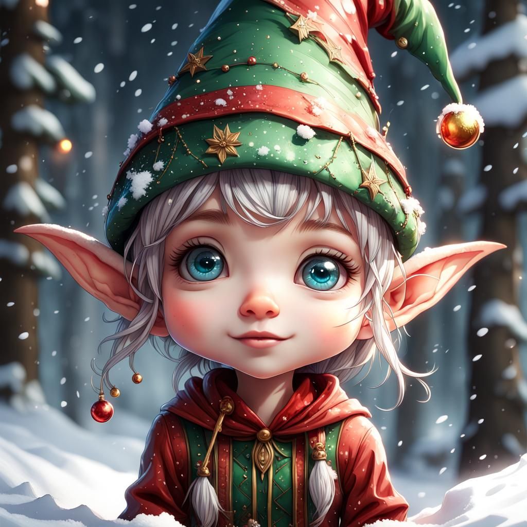 Cute adorable chibified Christmas elf, shiny detailed sharp prismatic ...