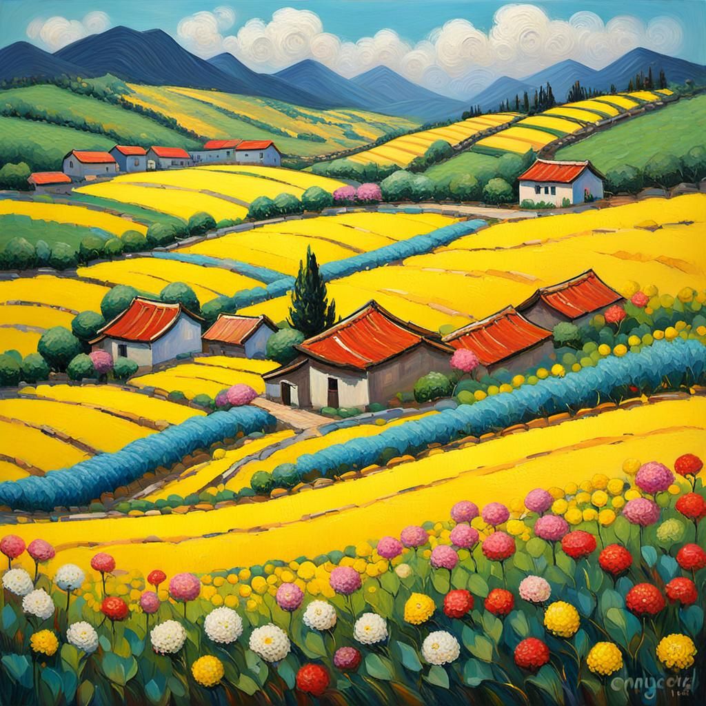 Vibrant Flower Field Landscape in Expressionist Style
