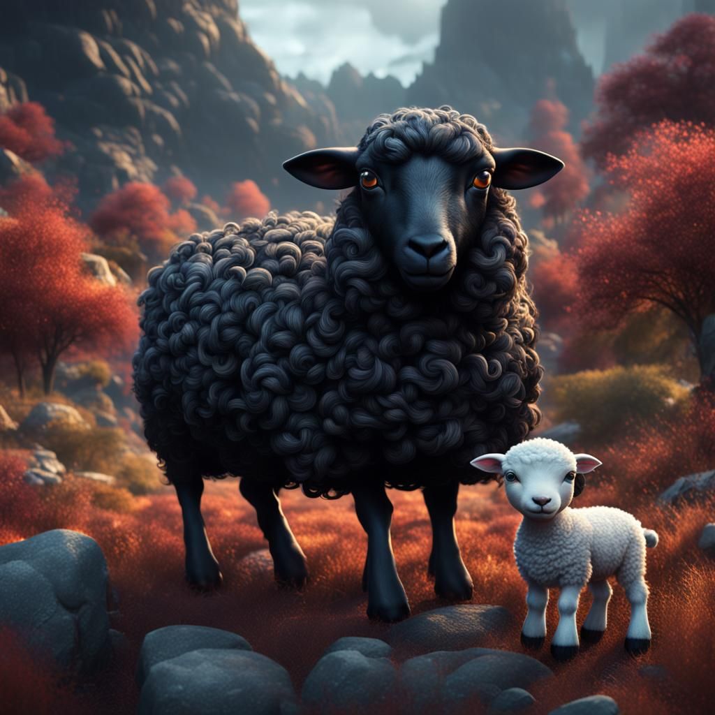 The black sheep and it is a little cute lamb 