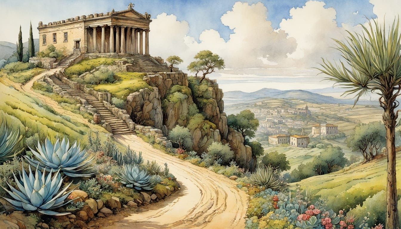 Greek Hillside with Ancient Temple: Storybook Illustration