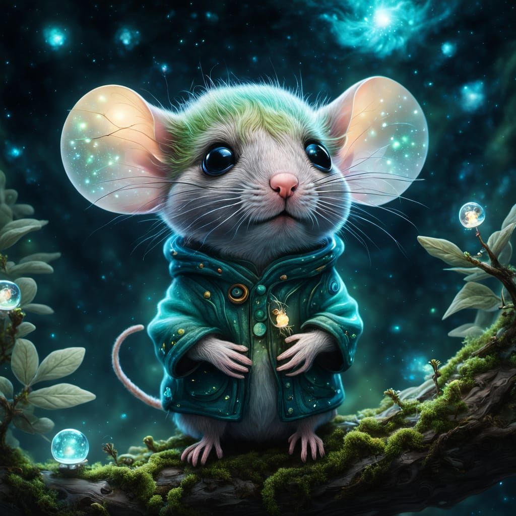 A mouse wearing clothing perched on a mossy branch  by @ELY M