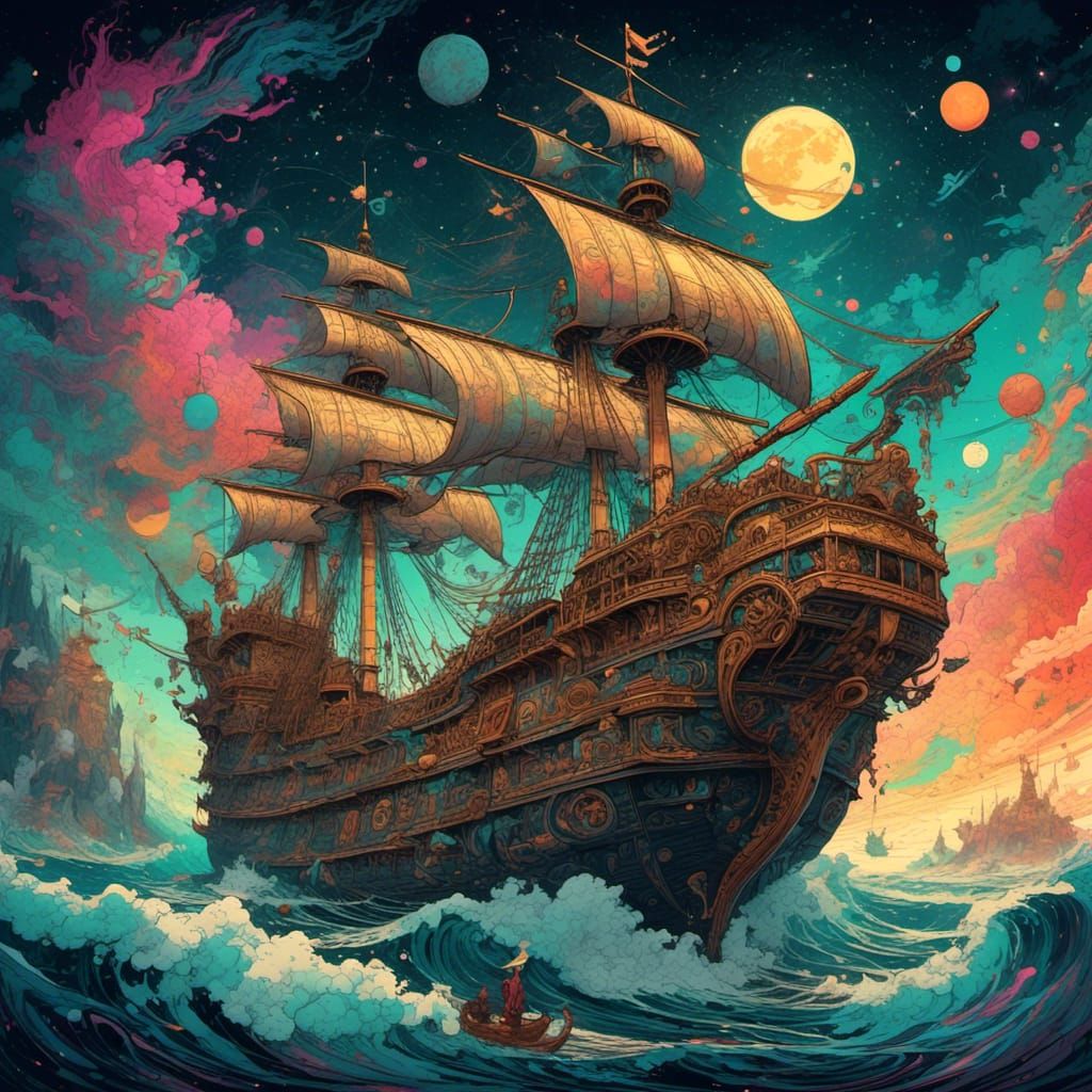<lora:Fantsanity:1.0>  A beautiful colorful Pirate ship on turmoil seas under stunning vibrant constellations and stars and celestial energy...