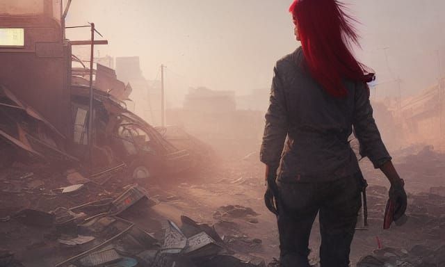 red haired Asian woman of the wasteland confidentially walki...