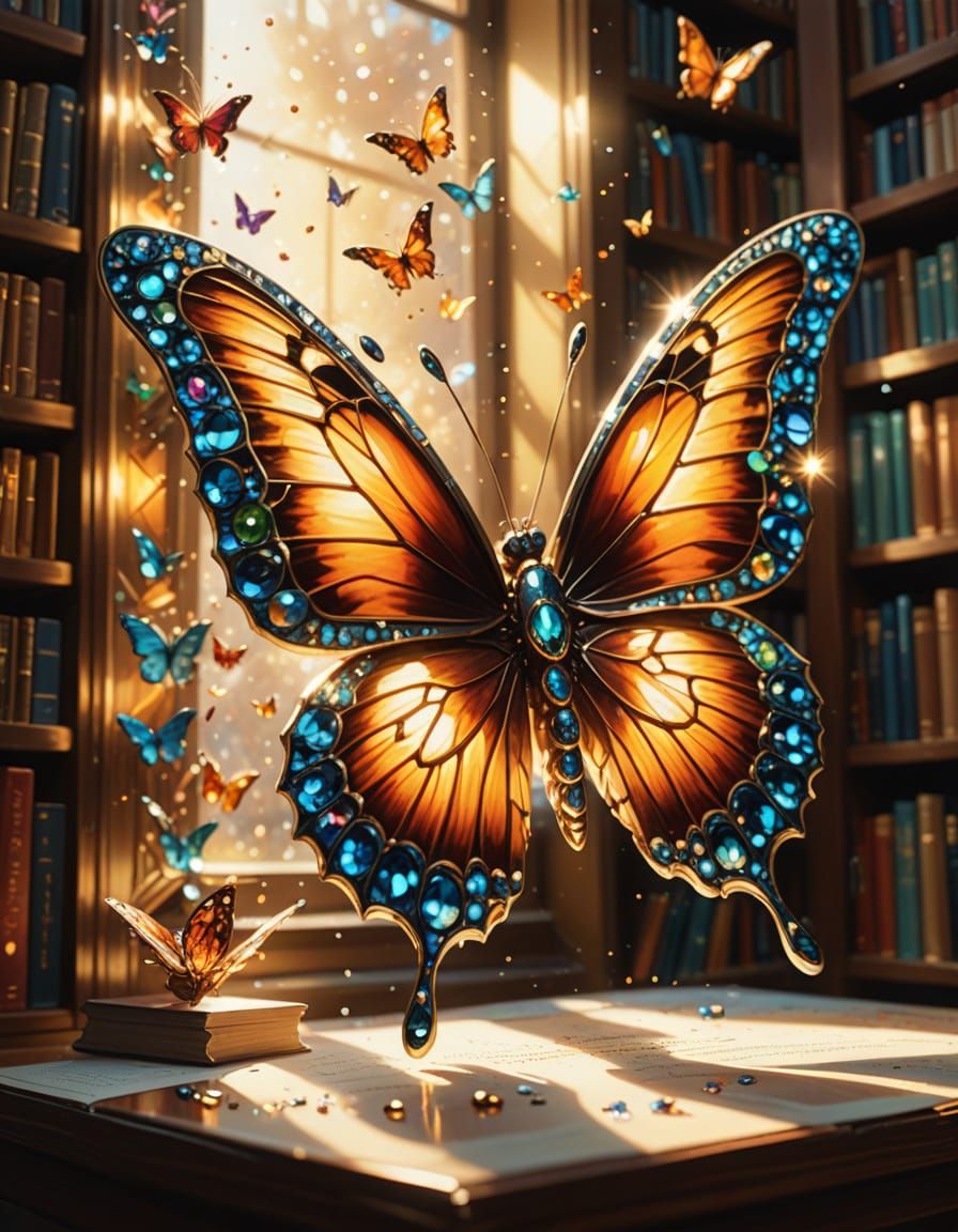 A shiny bejeweled butterfly fluttering through a sunlit library  by @Queen_Asha