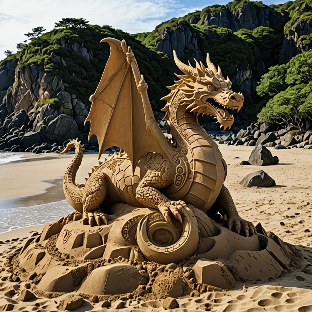 Dragon sand sculpture on a rocky beach - AI Generated Artwork ...