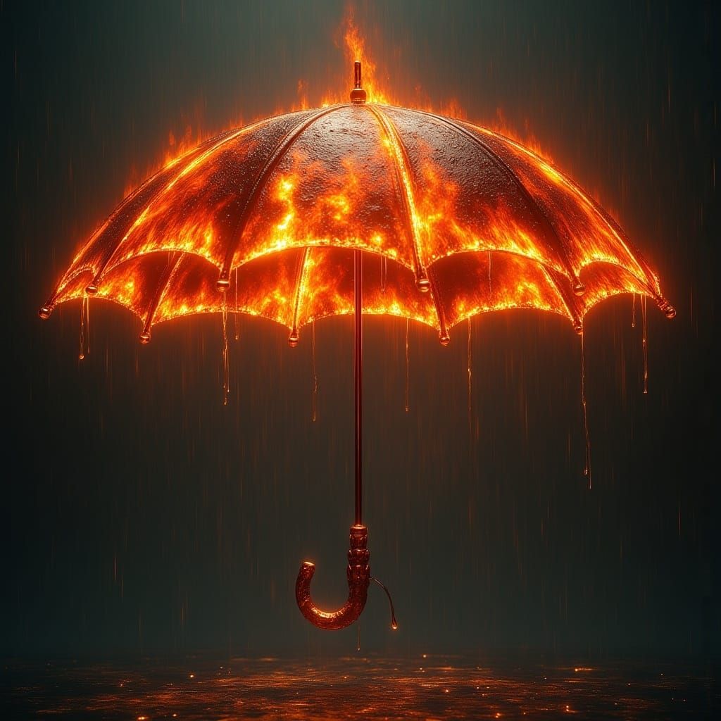 <lora:MJ6-1 FluxSurreal:1.0> An umbrella that shields from raining fire, surrealism, cinematic atmosphere, mind-bending murals, dreamlike,...