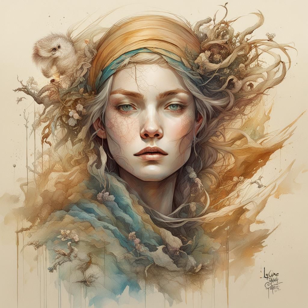 Portrait dune belle femme aux courts cheveux châtain à côté d'un chatpar Awwchang et James Christensen et CGSociety et C...