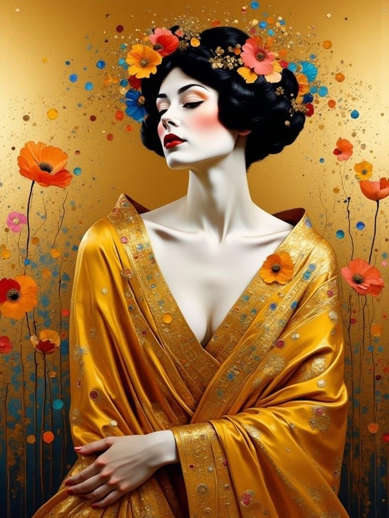 Impressionistic soft focus painting style Adele Bloch-Bauer Golden woman Gustav Klimt ecstatic sparkling glittering gold abstract zentangle...