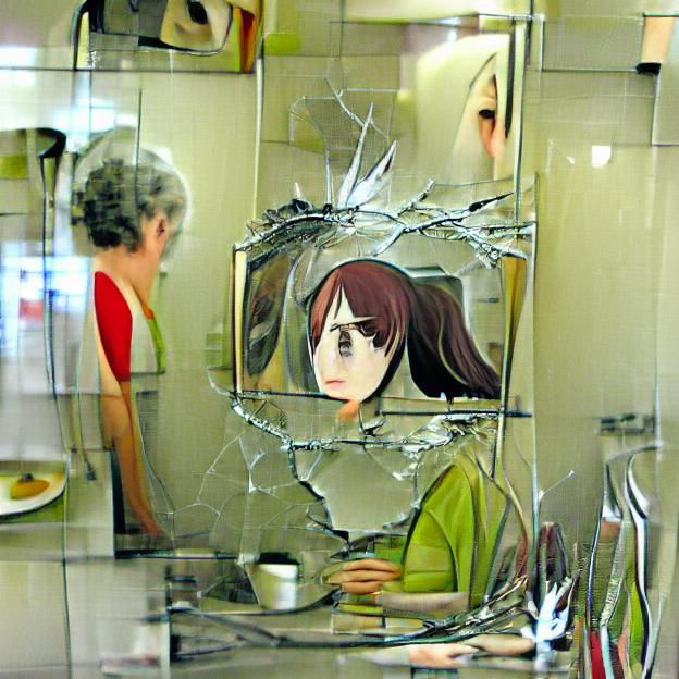 woman looking in broken mirror