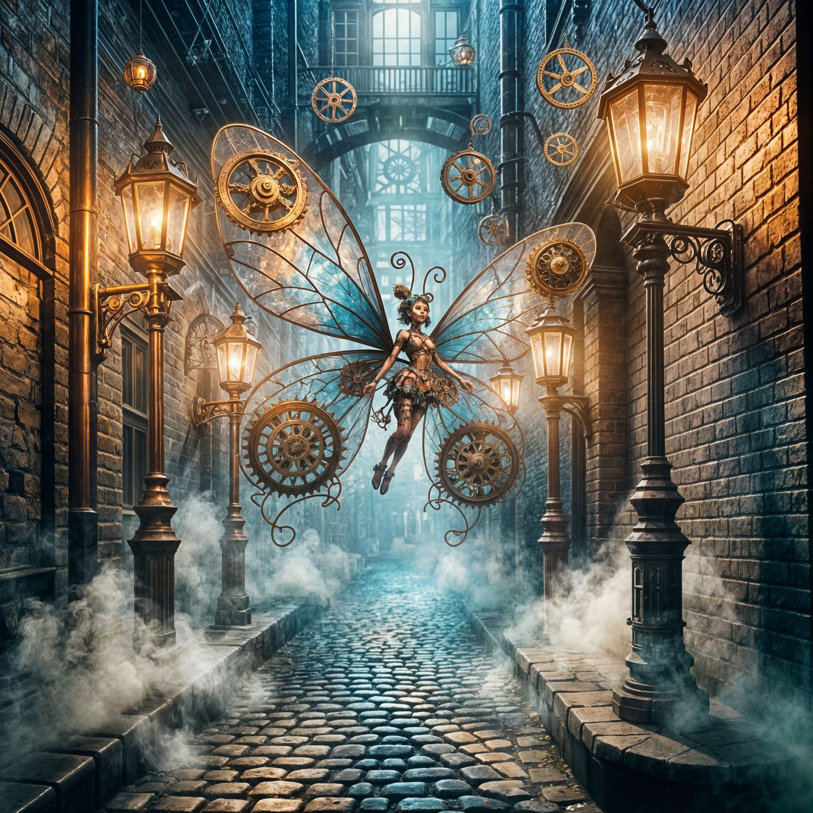 Steampunk fairies hover in smoke-filled alleyways.
Copper gears spin inside translucent insect wings.
Lanterns ...  by @KomBib
