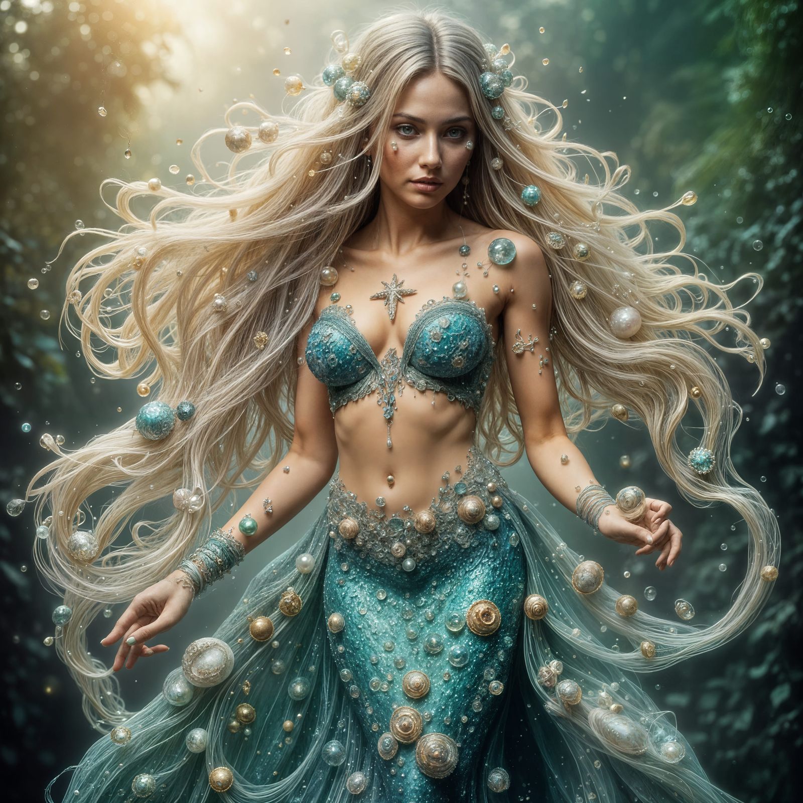 ANIMATE this picture so the woman’s hair strands ripple, flow and cascade elegantly like a tidal wave with shimmering wi...