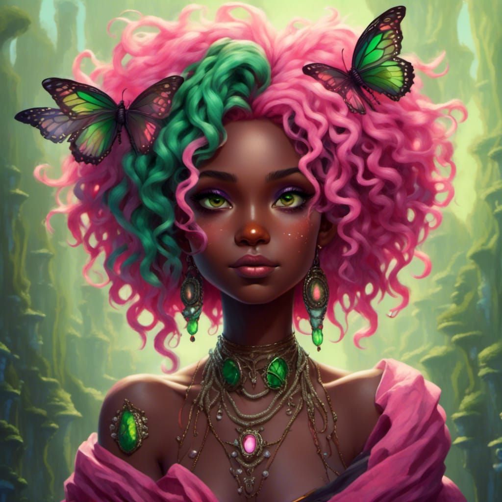 Dark skinned female fairy with curly pink and green hair - AI Generated ...