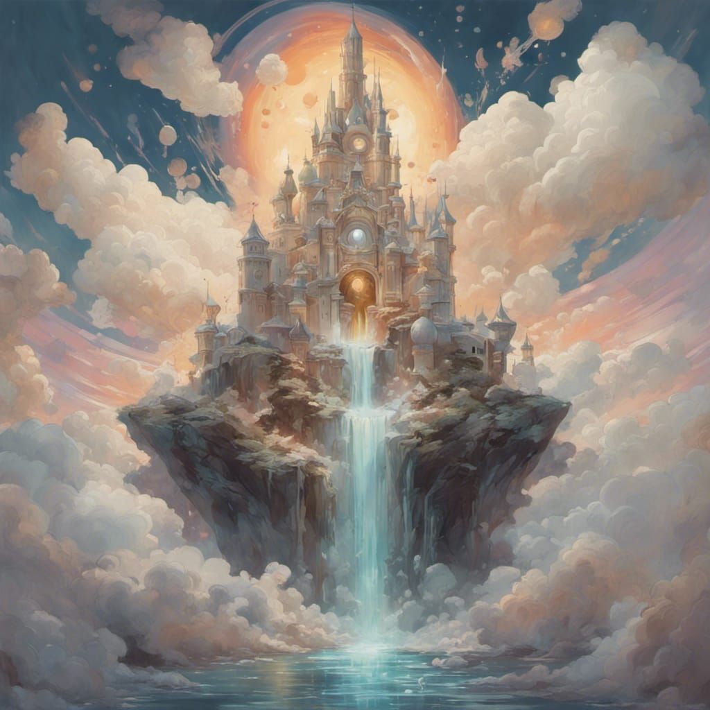 style of guweiz, cory loftis, cloud castle in the sky with rainbow waterfall clouds, swirling colors, ...  by @HelenaMux