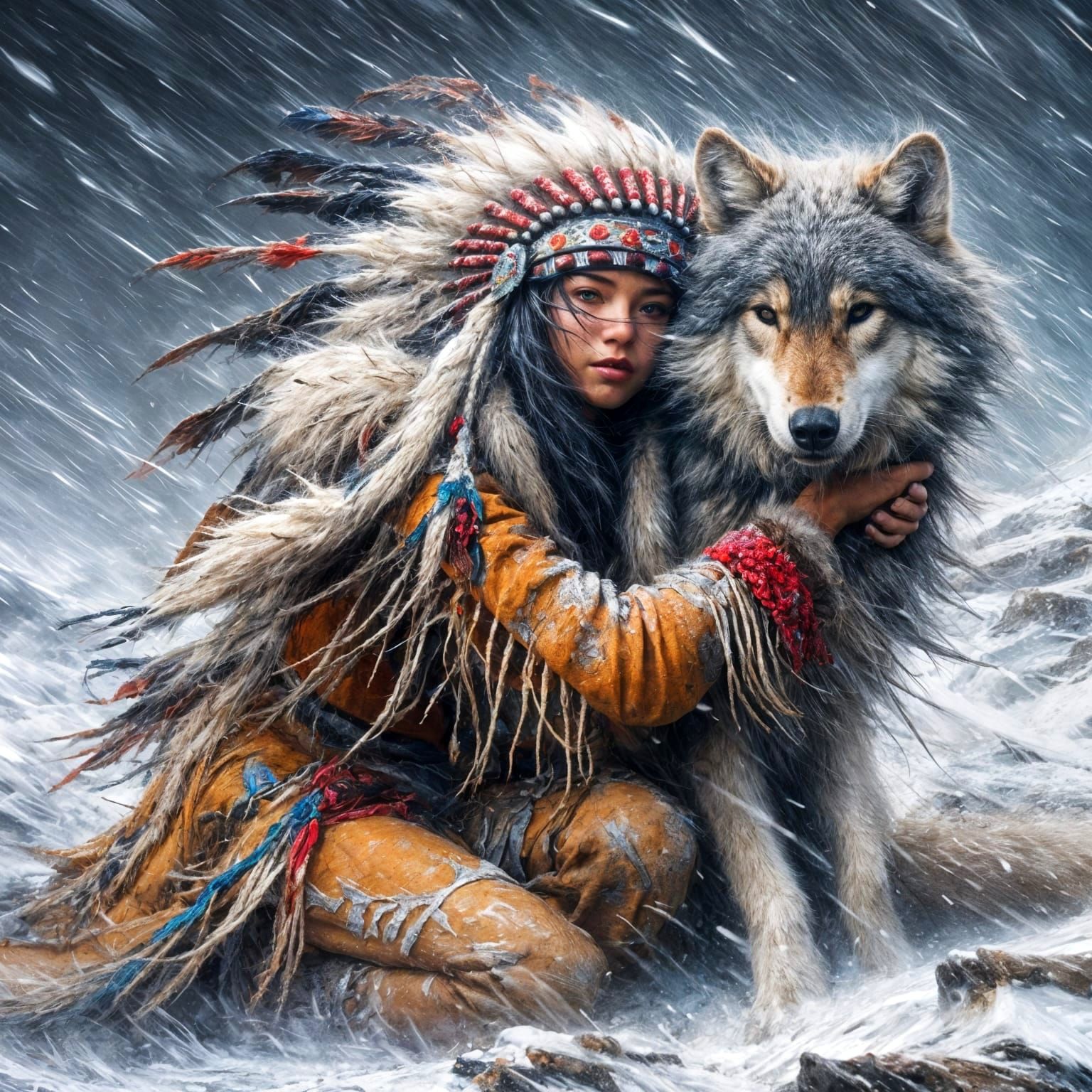 American native woman amid snowstorm  by @dhee noerd
