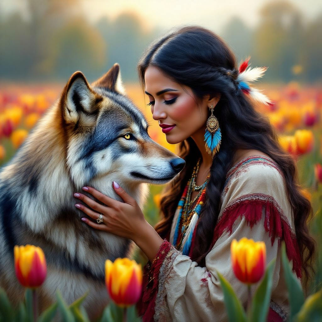 A beautiful American Indian lady is showing affection to a w...
