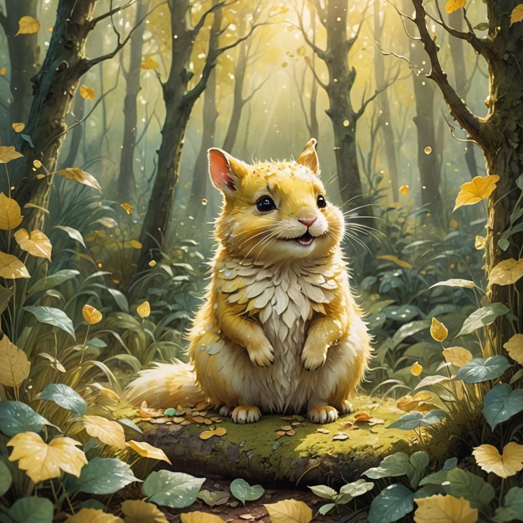 Yellow Furry Creature in Magical Forest Illustration