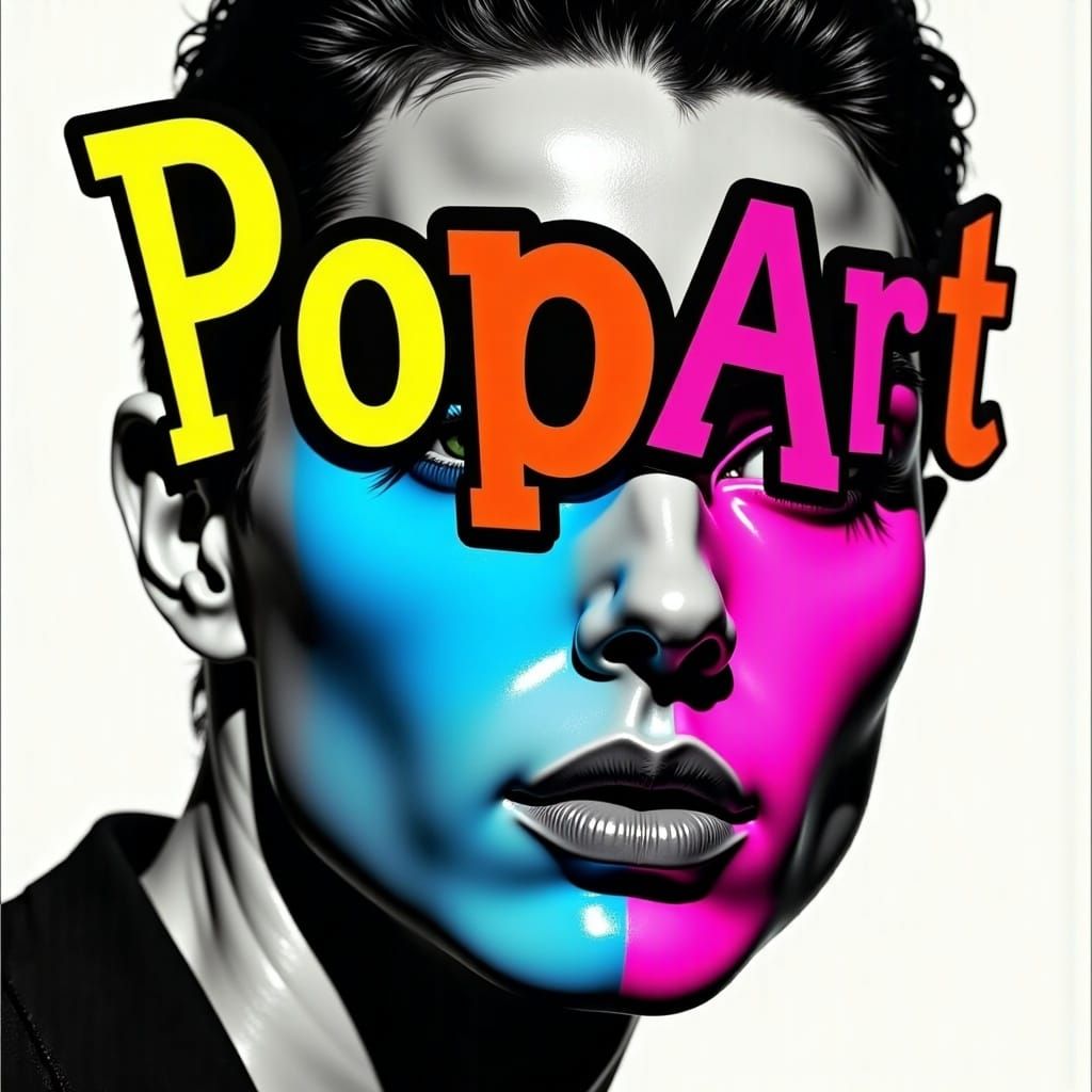 <lora:PopArt Portraits FL:1.0>  an album cover for an album titled 'PopArt Portraits FL' with black and white with  pops of colour. The wor...