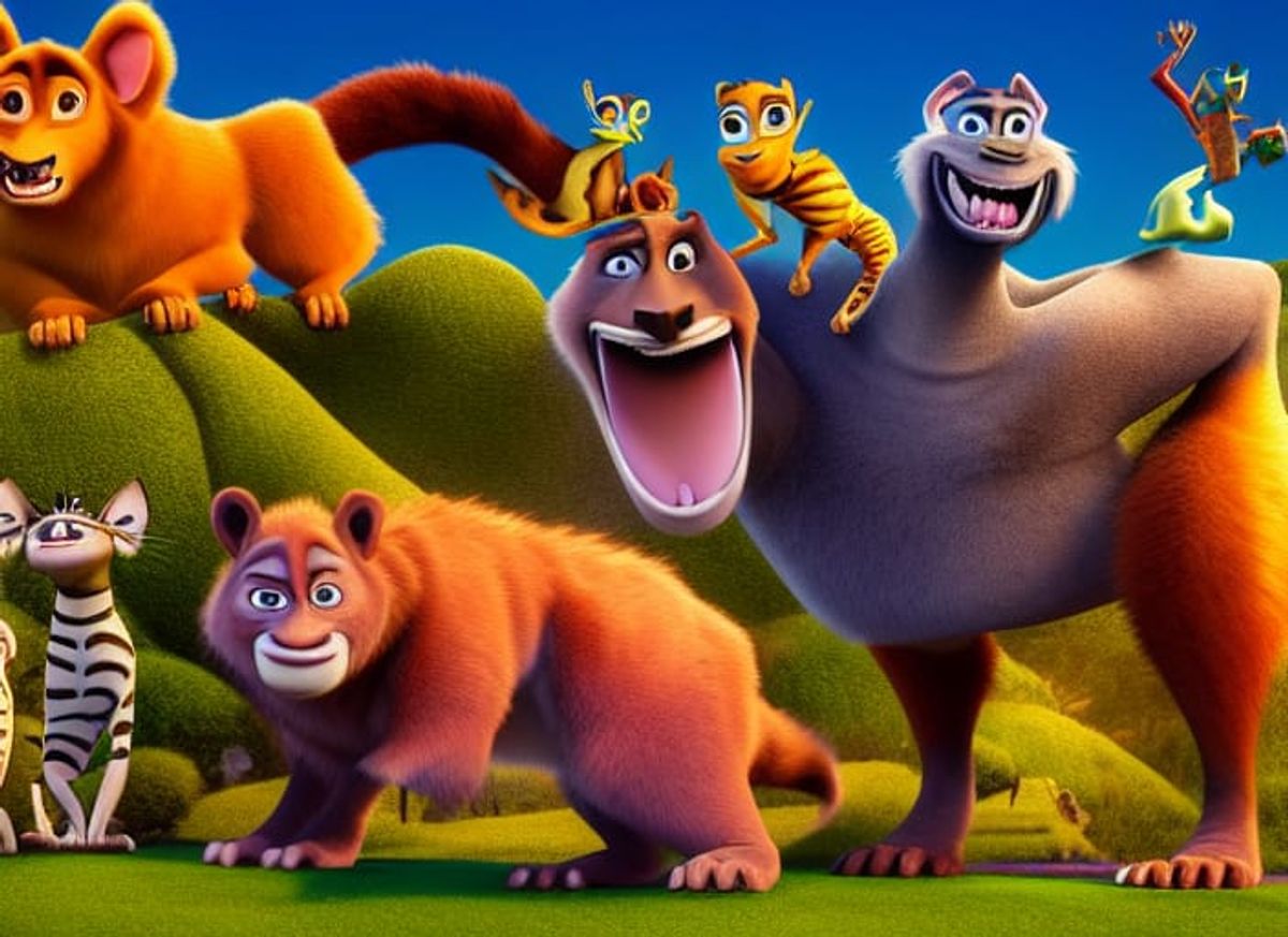 A wide-angle scene of all the animals from DreamWorks SKG animation ...