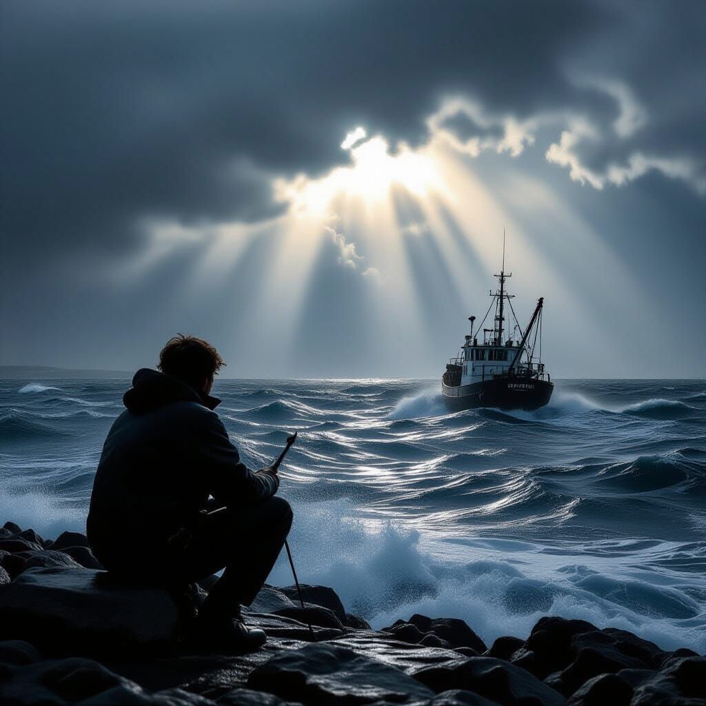 Cat Silhouette Reveals Stormy Sea in Double Exposure