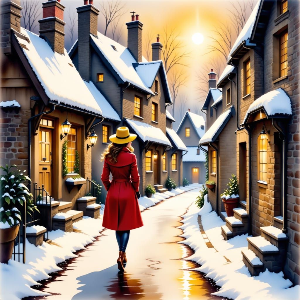 <lora:StarlightXLFlux:1.0> Elegant woman in a long, red coat and yellow hat, walking down a quaint winter village street lined with snow-cov...