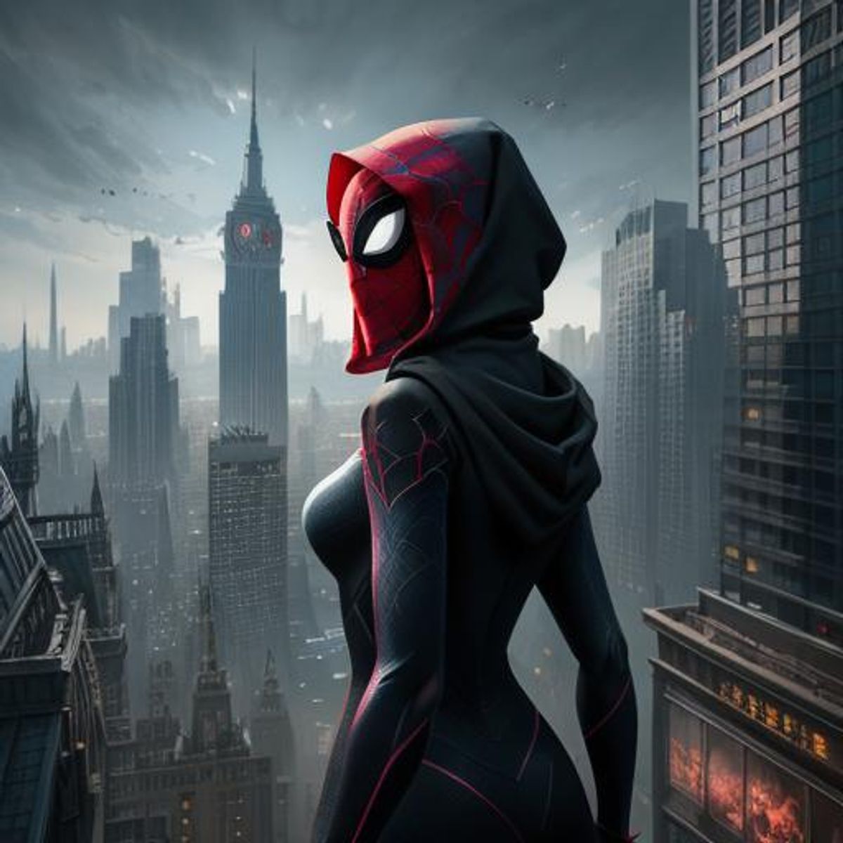 Spider Gwen, with hood and mask, as a colossal giant woman, in a city ...