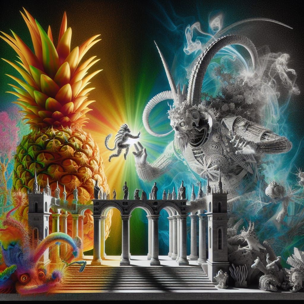 X-ray of an anthropomorphic Pineapple God Dancing with a Creature from ...