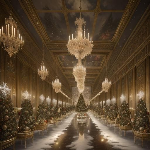 Versailles hall of mirrors with Christmas trees and Christmas