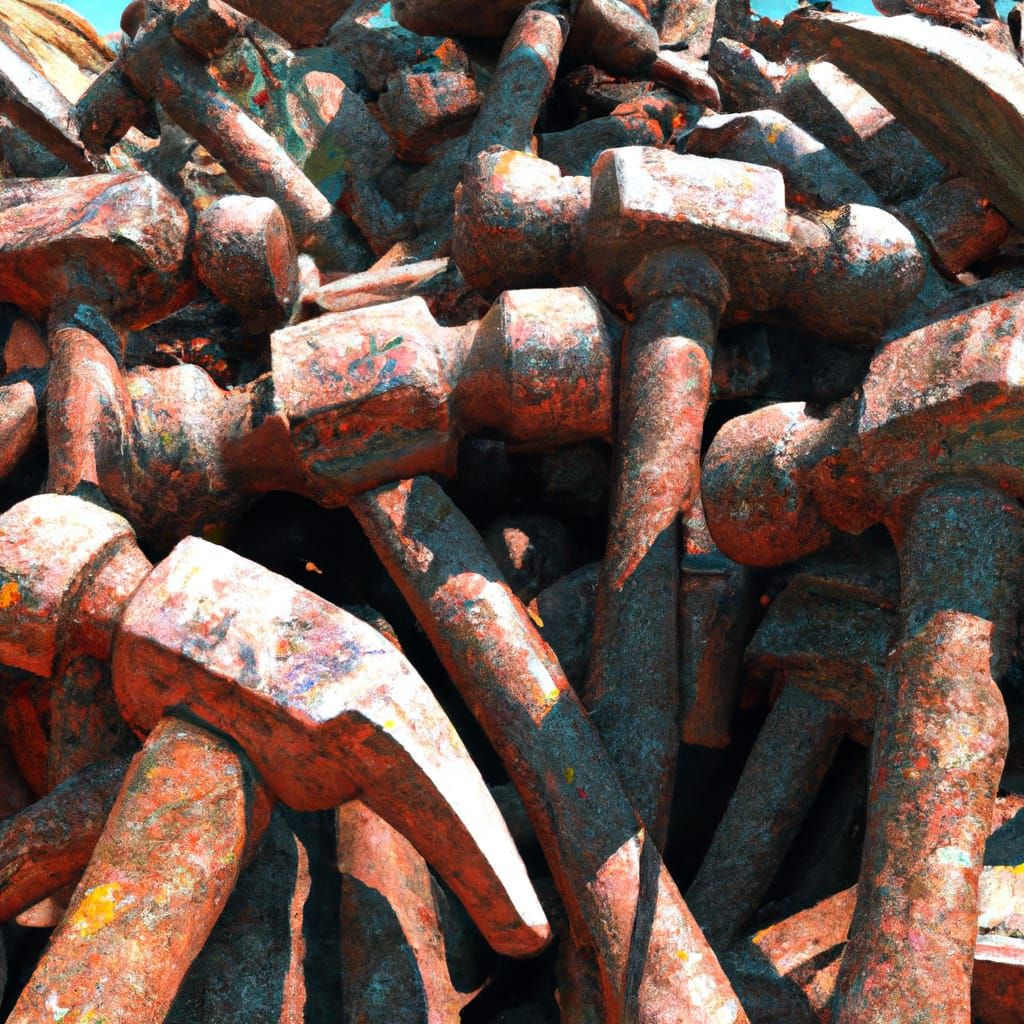 pile of rusty hammers, mountains of hammers, old rustic hamm...