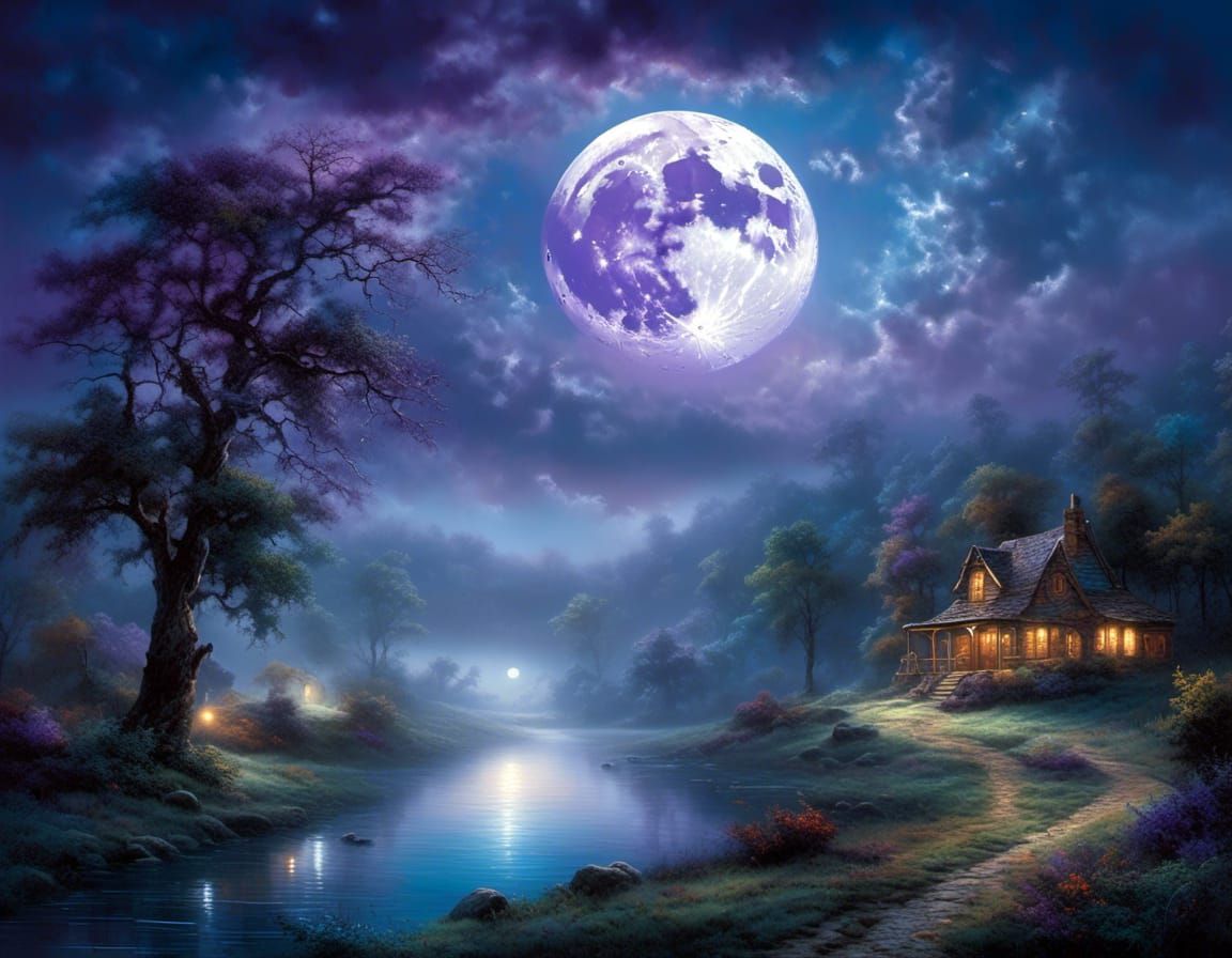 one stunning giant shiny full moon floating in the starry sky, black, white, blue, grey and  purple colors, mystic dark fantasy mood, Epic c...