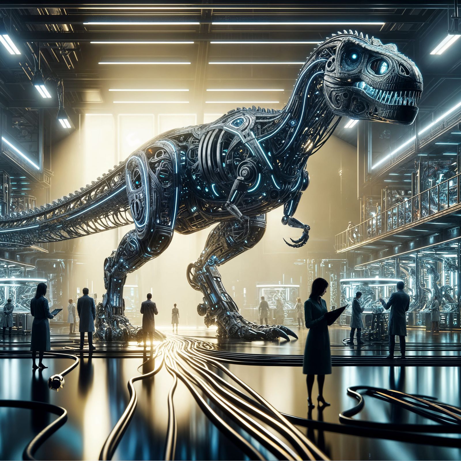 Scientists examine a colossal robotic dinosaur in a futuristic laboratory, showcasing advanced technology and engineering marvels.  by @Phantazia