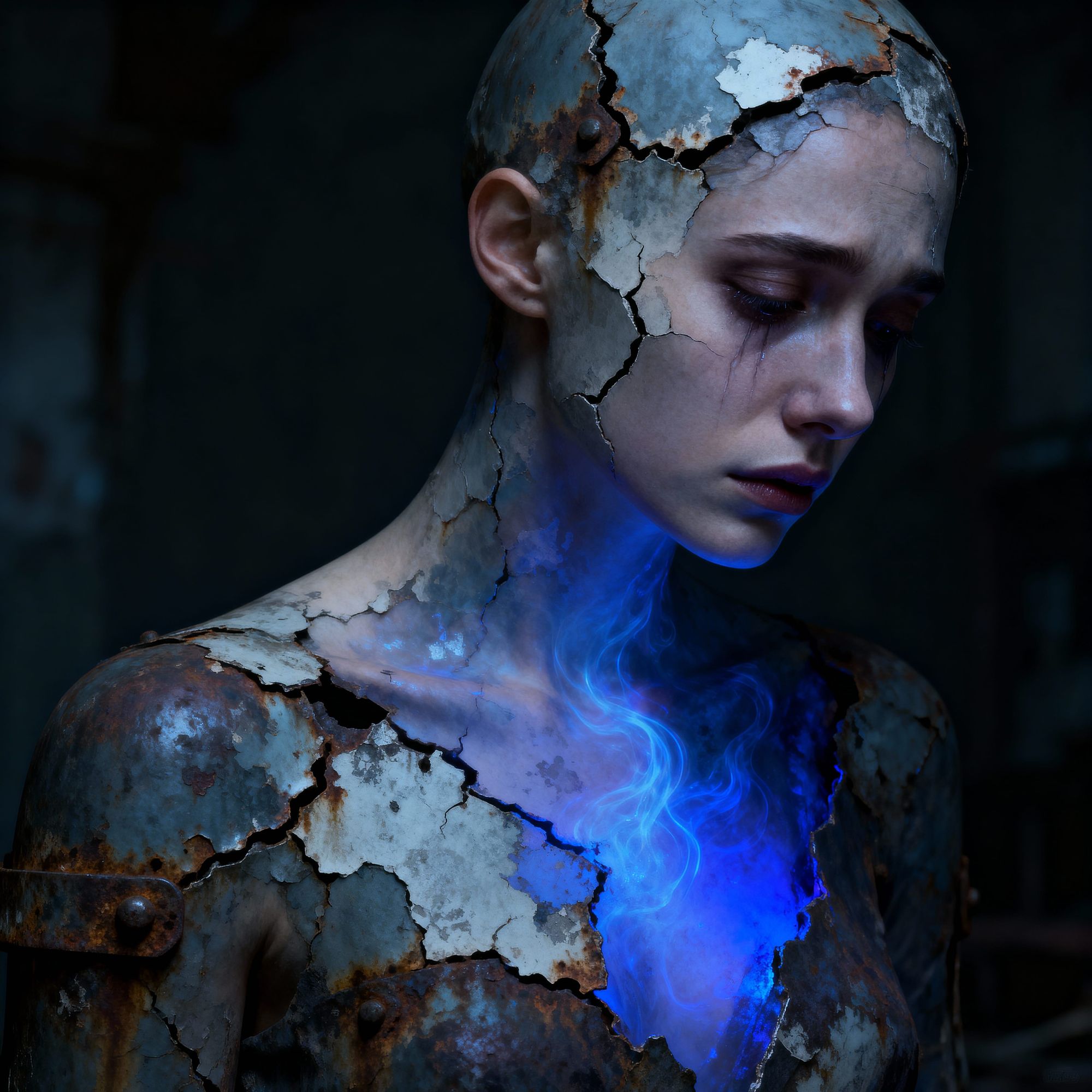  Surrealism. Medium shot. A lone figure experiences a profound moment of quiet sadness. Head and shoulders portrait. Eerie digital art. Crac...