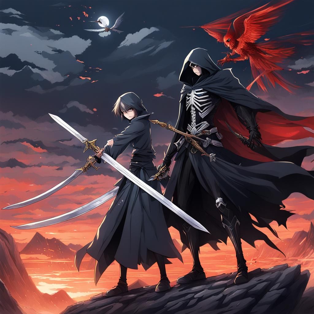 Grim reaper and Angel with swords crossed in battle on a cli...