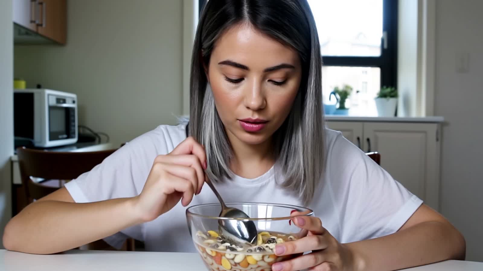 A prematurely greying but still young looking 30 year old woman eating a bowl of cereal WITH A SPOON while listening to ...