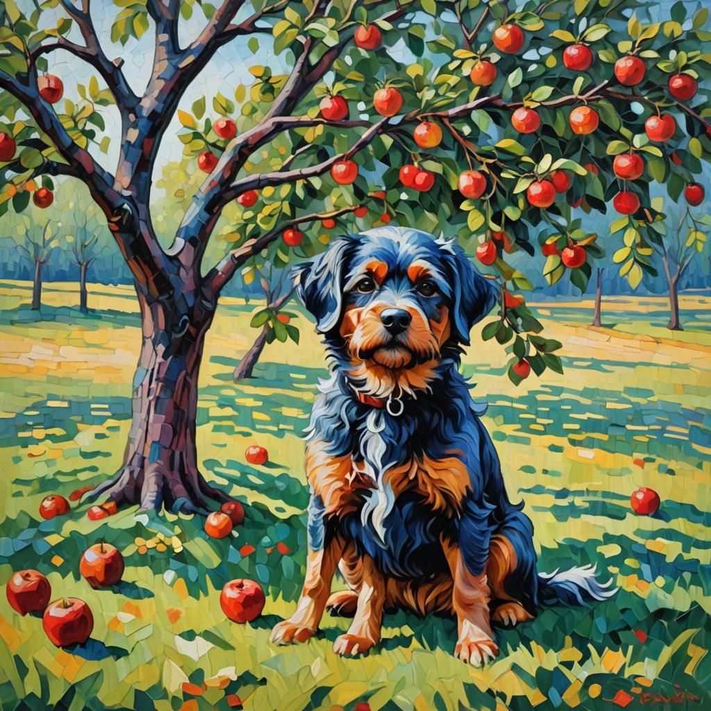 Little dog sitting by an apple tree.