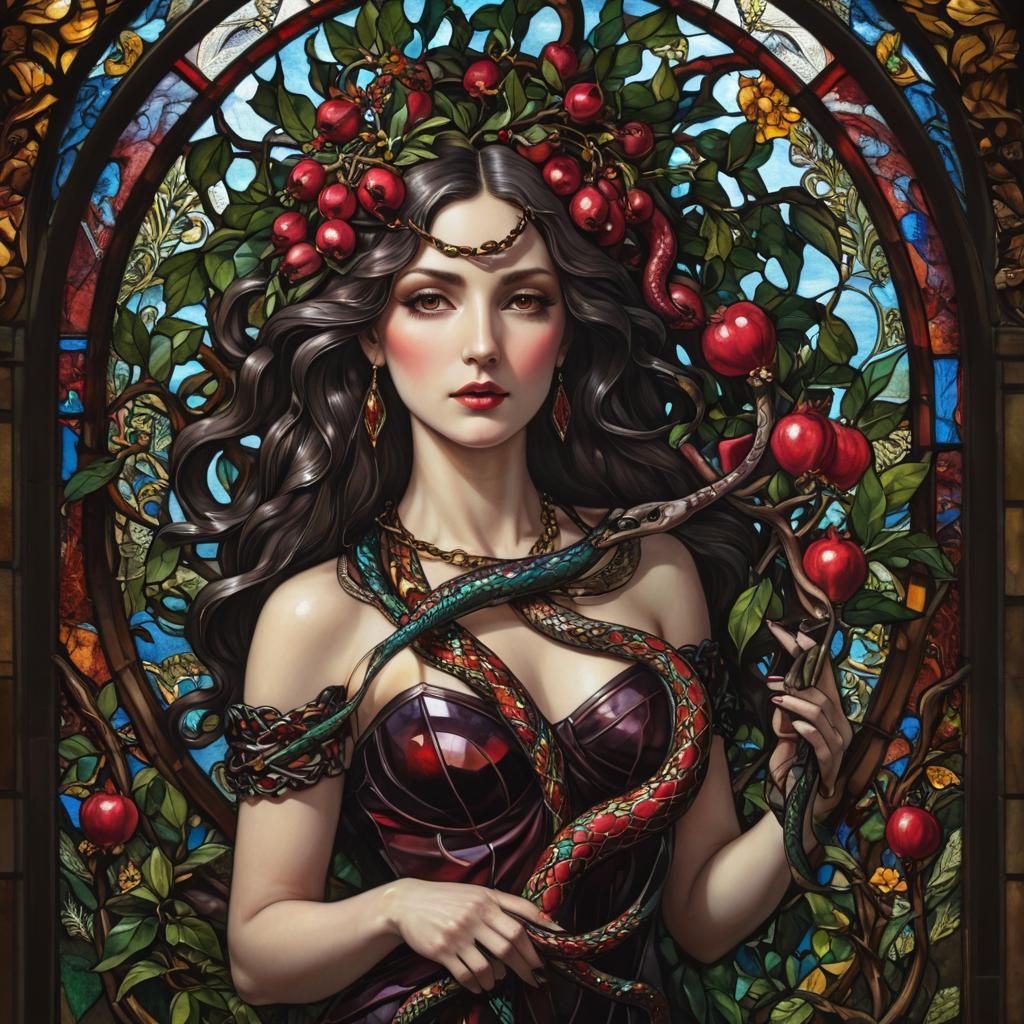 stained glass window of a sinister beautiful Snake, a pomegr...