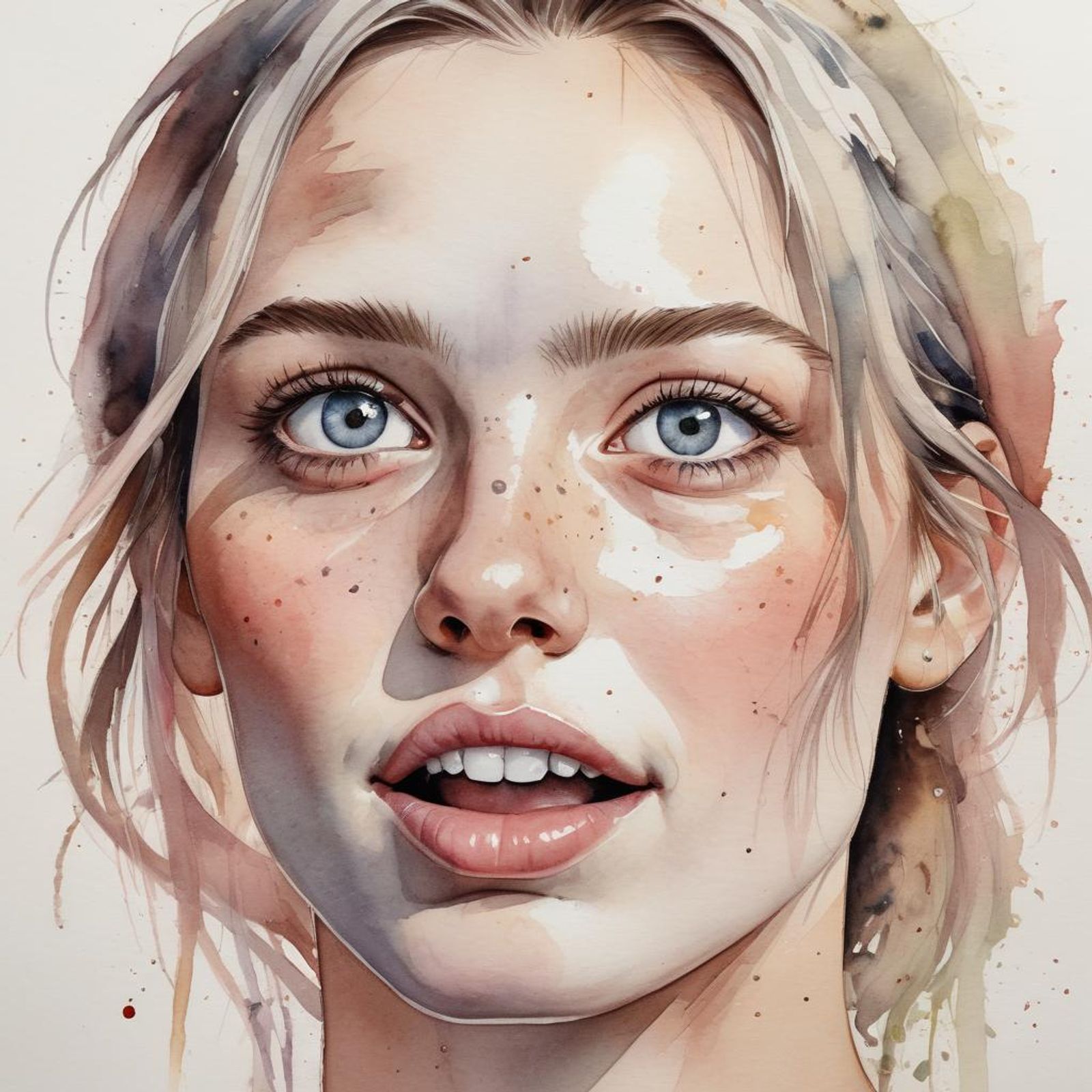 A realistic watercolor illustration of a female face with a lopsided ...