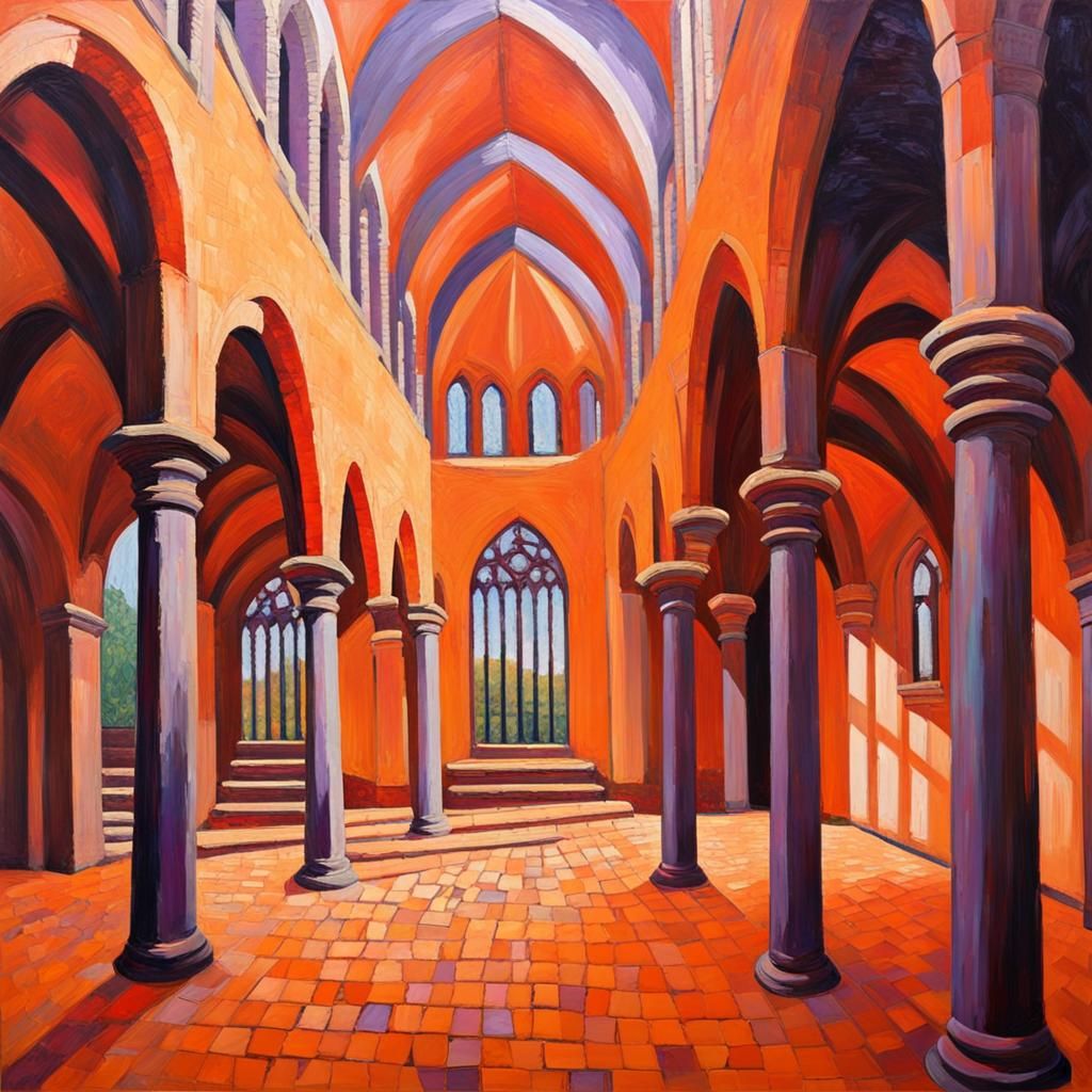 Highly detailed interior of a Romanesque cathedral, round headed arches