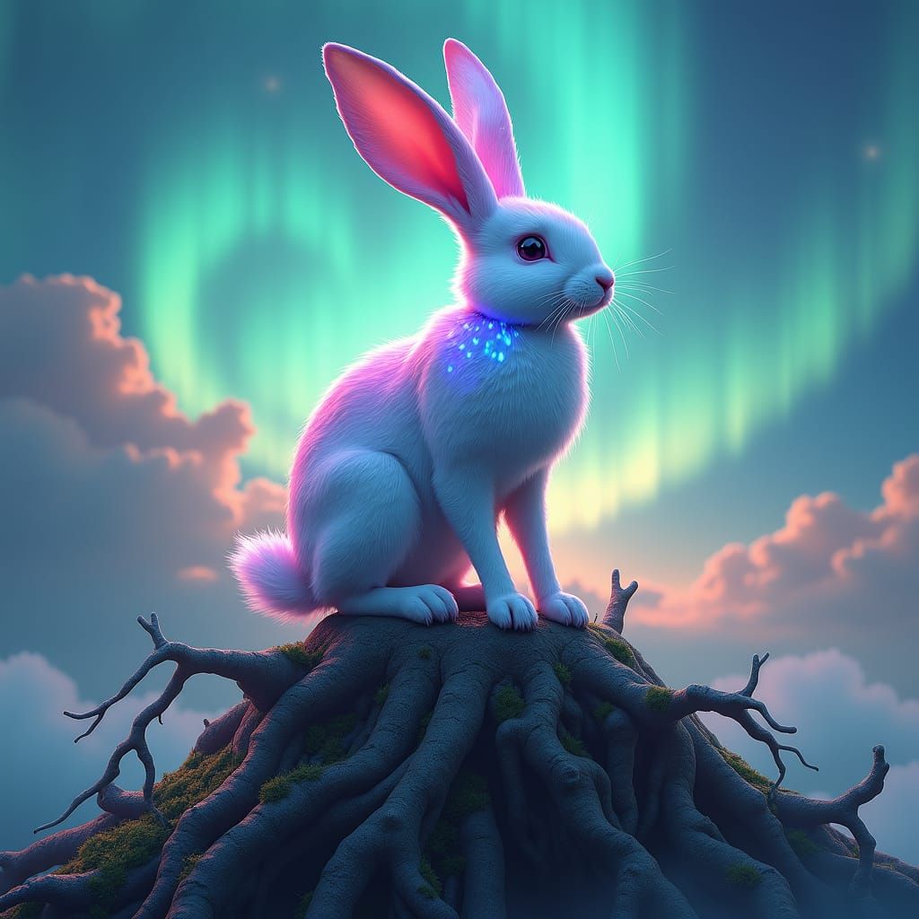Iridescent Rabbit in Aurora Borealis, Fantasy Concept Art