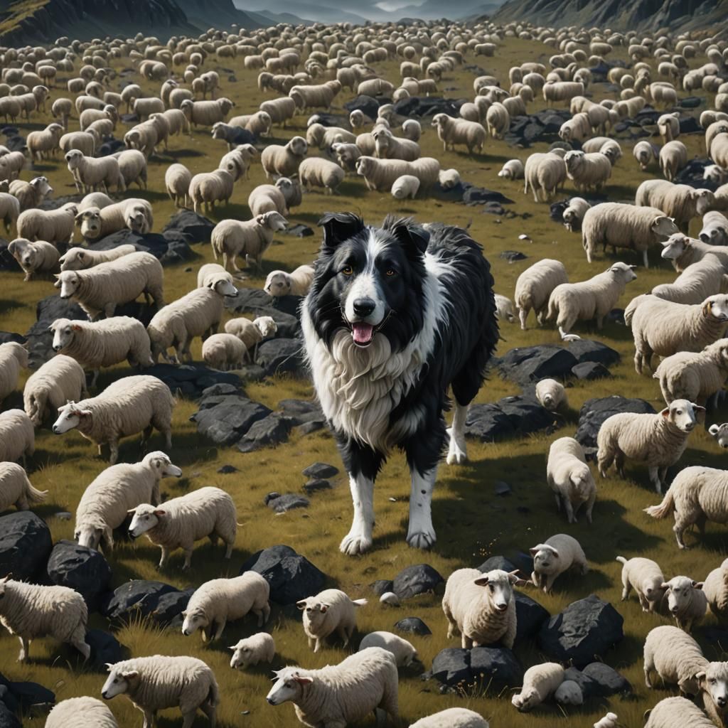 Black and white sheepdog after a few sheep