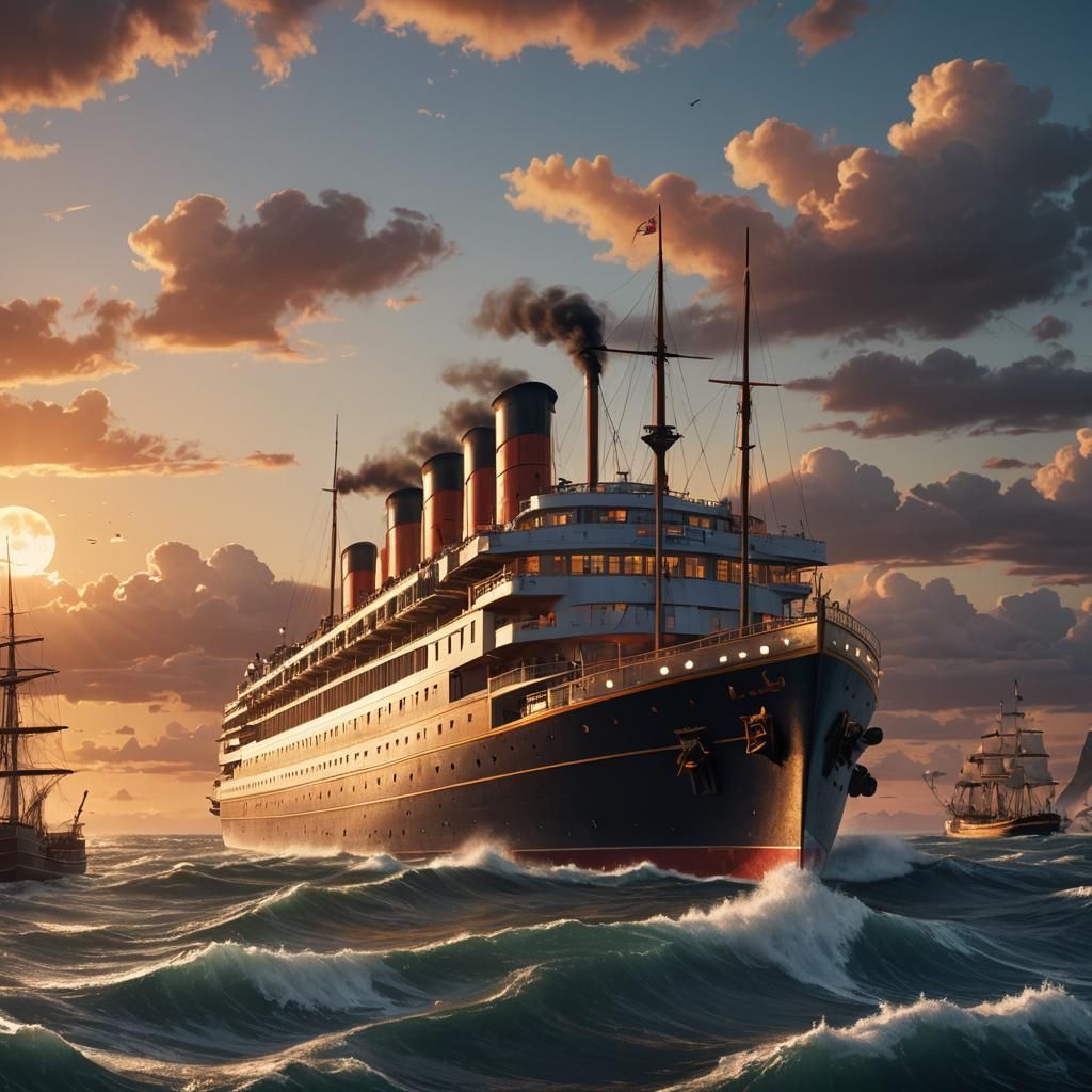 Steam ship ocean liner in the sunset