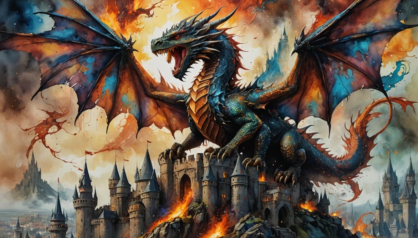 Majestic Winged Dragon on fiery castle
