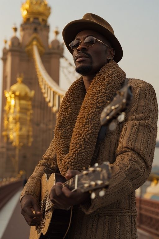BLACK MALE GUITARIST PERFORMING ON THE GOLDEN GATE BRIDGE.
