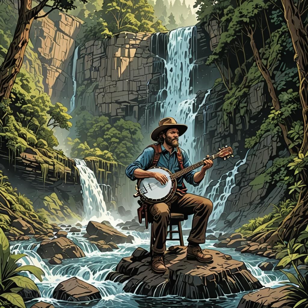 hiker playing banjo near a waterfall